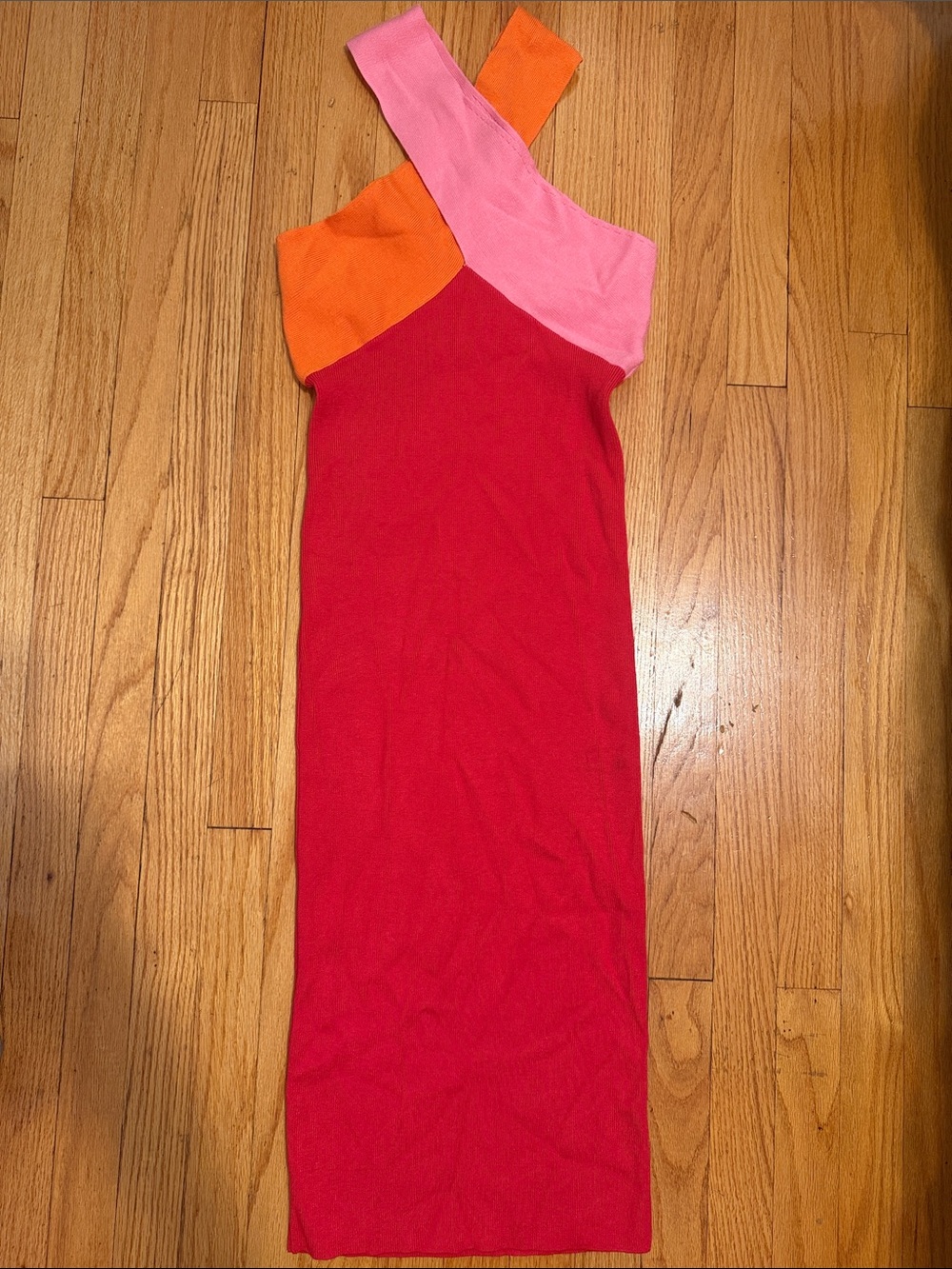 Asymmetrical Colorblock Midi Dress in Red, Pink & Orange